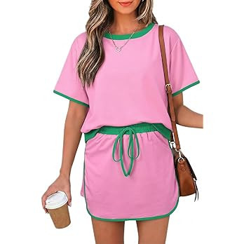 Womens 2 Piece Skort Set 2026 Color Block Short Sleeve Top Drawstring Skort Matching Sets Casual ... | Amazon (US)
