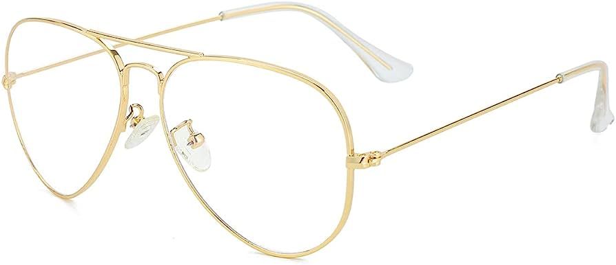Classic Aviator Blue Light Glasses for Women Men, Metal Frame Clear Lens Eyeglasses (Gold) | Amazon (US)