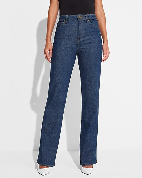 Express x Simon Spurr Super High Waisted Dark Indigo Straight Leg Jeans | Express