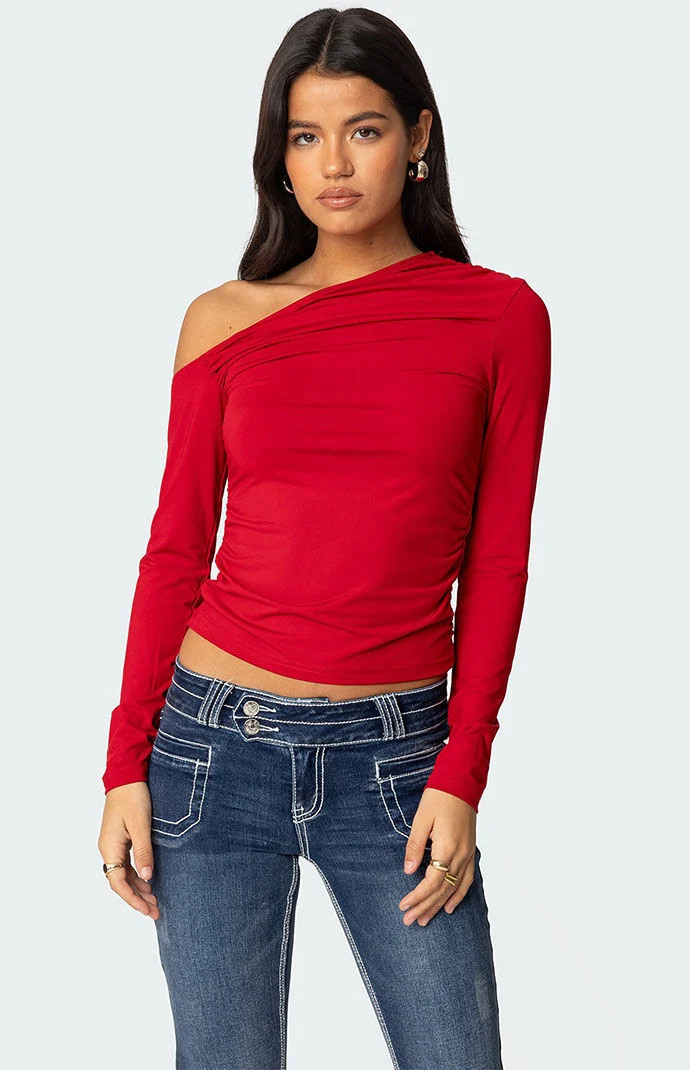 Edikted Women's Ronnie Asymmetric Long Sleeve Top in Red - Size XS | PacSun