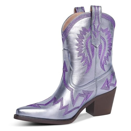HOCHFART Western Boots for Women Metallic Embroidered Pointed Toe Cowgirl Chunky Heel Pull-On Short Cowboy Ankle Wide Calf Country Boots | Amazon (US)