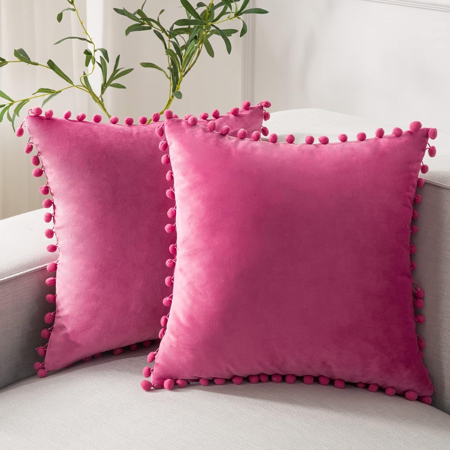 Phantoscope Pack of 2 Pom Poms Velvet Decorative Throw Pillow Covers Soft Solid Square Cushion Ca... | Amazon (US)