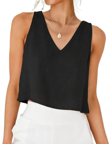 IDEALSANXUN Womens V Neck Cropped Linen Tank Tops Spring Summer Sleeveless Shirts | Amazon (US)