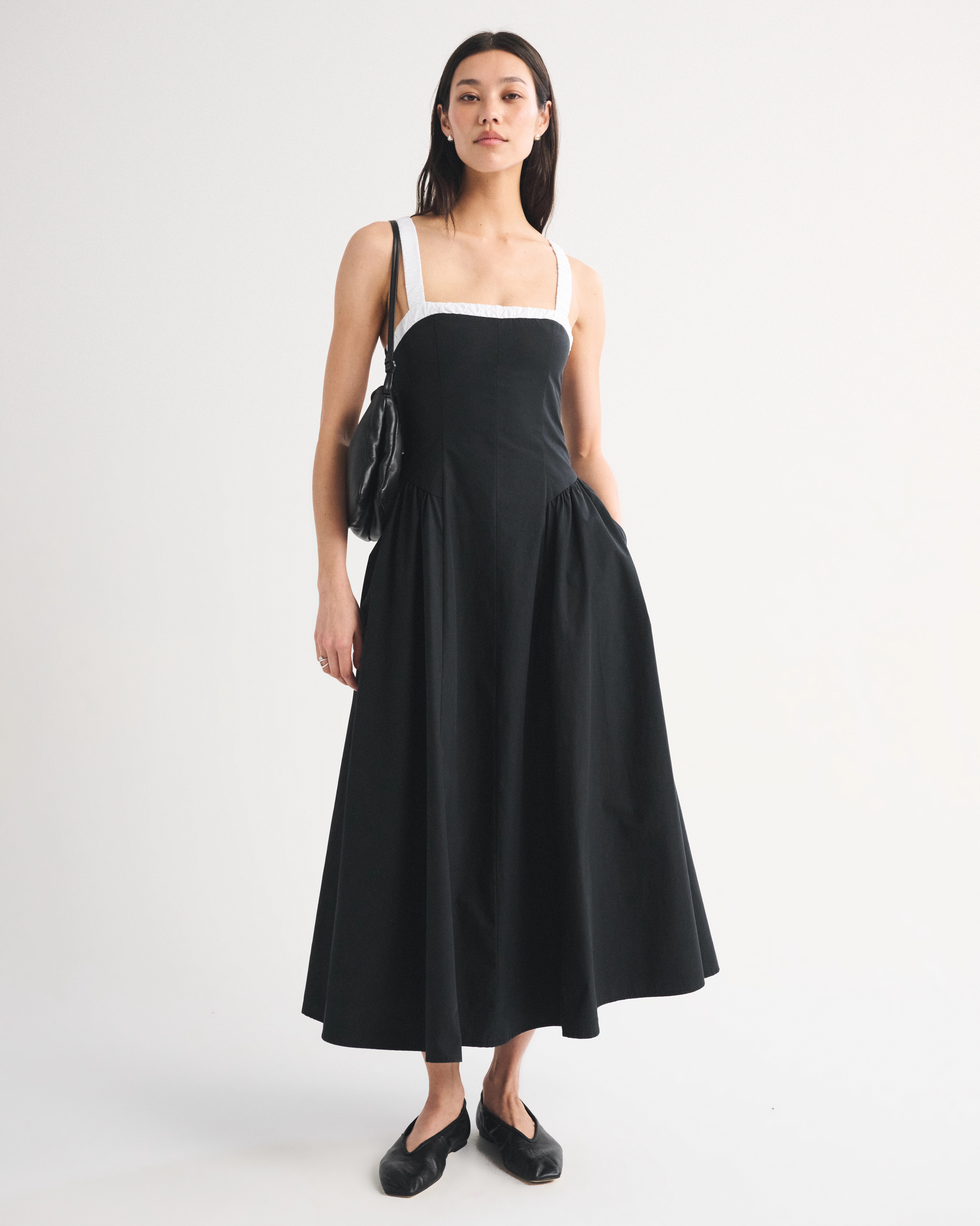 100% Cotton Ruched Neckline Dipped Waist Midi Dress | Abercrombie & Fitch (US)
