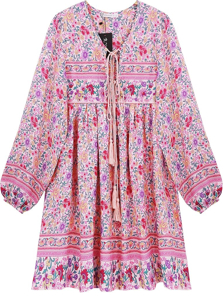 R.Vivimos Womens Long Sleeve Floral Casual Print Cotton Mini Tunic Dress | Amazon (US)