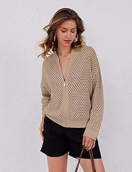Womens Zip Up Crochet Cardigan Sweater Oversized Long Sleeve Hollow Out Knit Bomber Jacket Fishne... | Amazon (US)