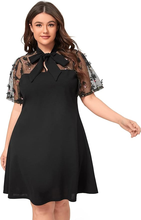 Romwe Women's Plus Size Contrast Mesh Short Sleeve Bow Tie Neck A-Line Party Dress | Amazon (US)