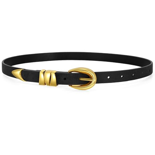 WHIPPY Women Skinny Leather Belt for Jeans Pants Dresses Ladies Fashion Waist Belt with Retro Gold Buckle,Black Suede,S | Amazon (US)