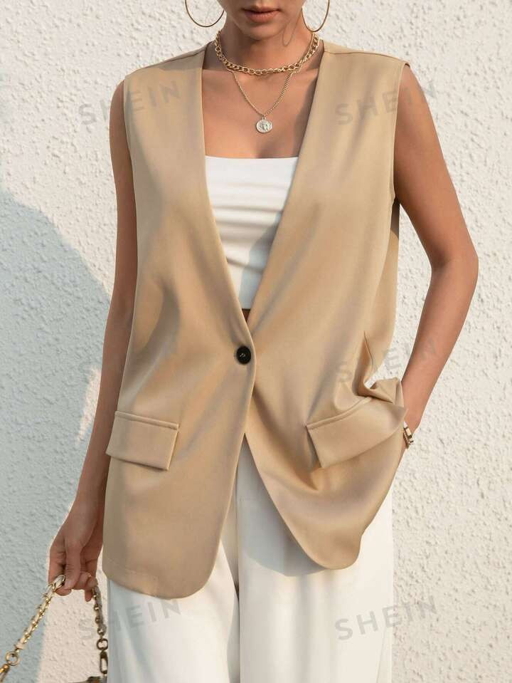 SHEIN Essnce Solid Single Button Vest Blazer | SHEIN