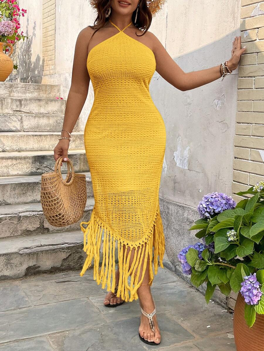 SHEIN VCAY Plus Size Mustard Yellow Knitted Halter Maxi Dress With Knotted Detail, Tassel Hem, An... | SHEIN