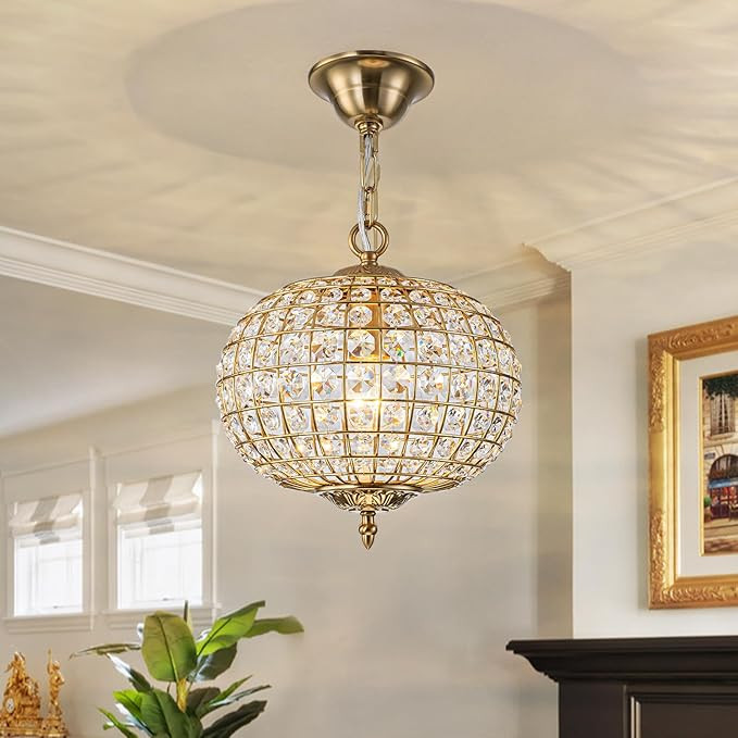 12" Globe Crystal Chandelier, Farmhouse Round Gold Crystal Pendant Light 1-Light Antique Foyer Ch... | Amazon (US)