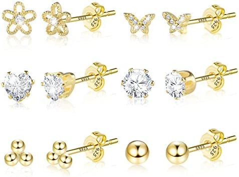 KISSPAT 6 Pairs Small Gold Stud Earrings Set for Women Hypoallergenic Sterling Silver post Tiny S... | Amazon (US)
