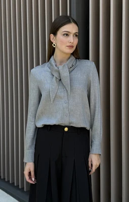 Lilia Button Down Top with Collar Tie- Grey | Benaar La