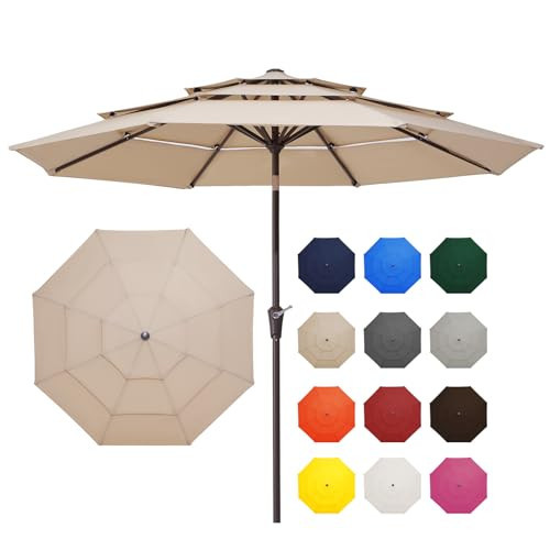 JEAREY 9FT 3 Tier Patio Umbrella Outdoor Market Umbrella Table Umbrellas with 8 Ribs 1.5 Pole Push Button Tilt and Crank UV Protection for Garden,Beige | Amazon (US)