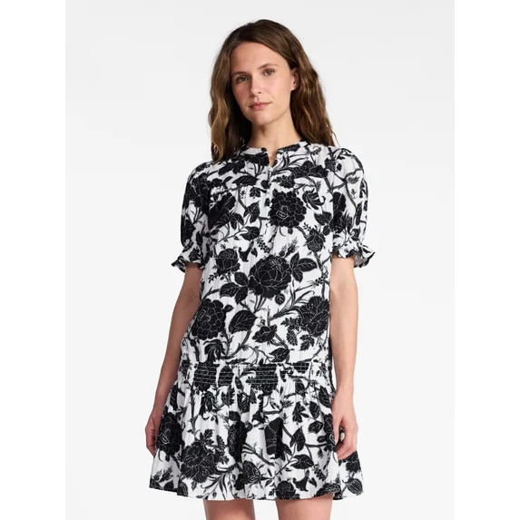 Time and Tru Women's Cotton Double Cloth Mini Dress with Drop Waist, Sizes XS-XXXL | Walmart (US)