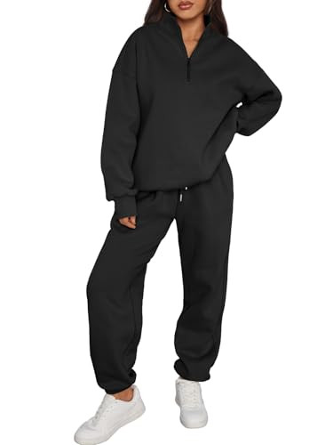 Trendy Queen Womens Sweatsuits 2 Piece Outfits Fall Lounge Sweat Sets Half Zip Sweatshirts with Baggy Sweatpants Black S | Amazon (US)