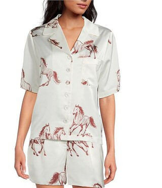 Horse Print Satin Notch Lapel Short Sleeve Cropped Coordinating Camp Shirt | Dillard's