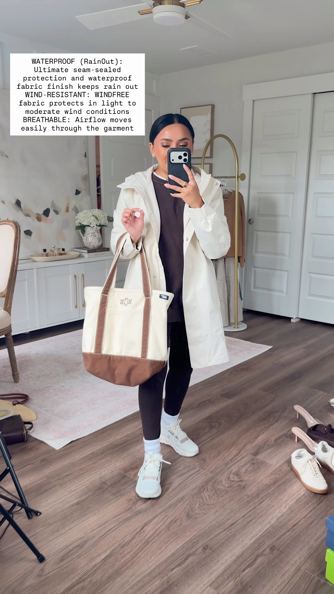 Raincoat size xs petite TTS
White tee size xs petite TTS 
Brown deep earth pullover size xs TTS 
Brown deep earth Leggings size medium regular TTS
Sneakers size 6.5 TTS color ice/sand
Brown tote bag size medium 


#LTKootd #LTKPetite #LTKActive