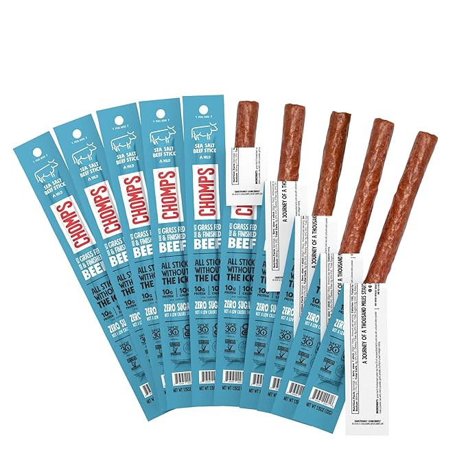Chomps Grass-Fed and Finished Sea Salt Beef Jerky Snack Sticks 10-Pack - Keto, Paleo, Whole30, 10... | Amazon (US)
