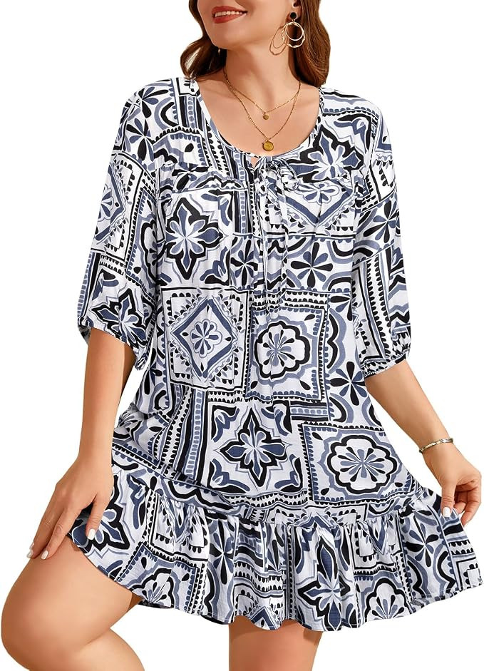 Women's Plus Size Summer Dresses 3/4 Sleeve Crew Neck Dress Casual Beach Cover Up Casual Sundress | Amazon (US)