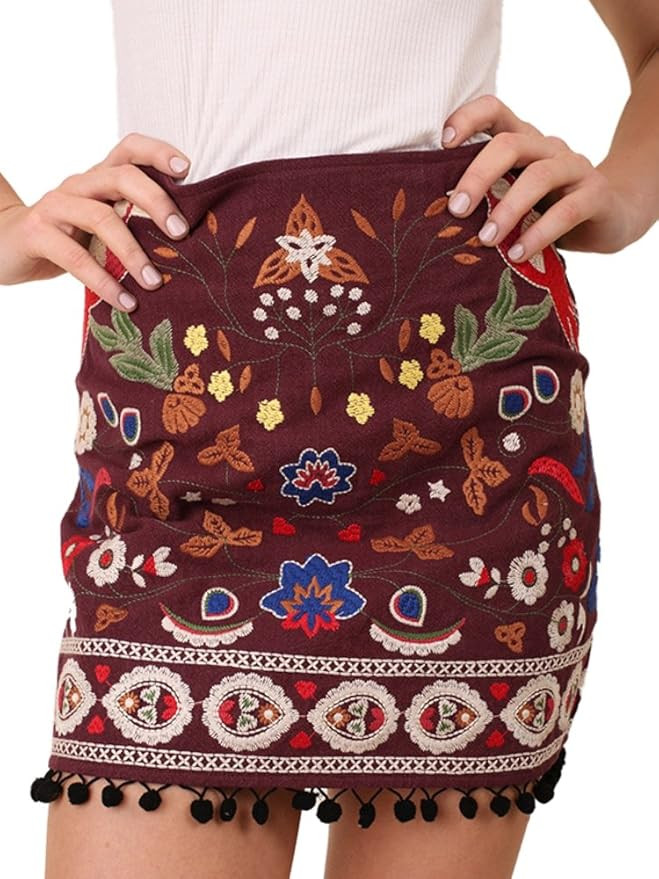 Umgee Women's Embroidered Skirt Pom Pom Trim Fall Preview | Amazon (US)