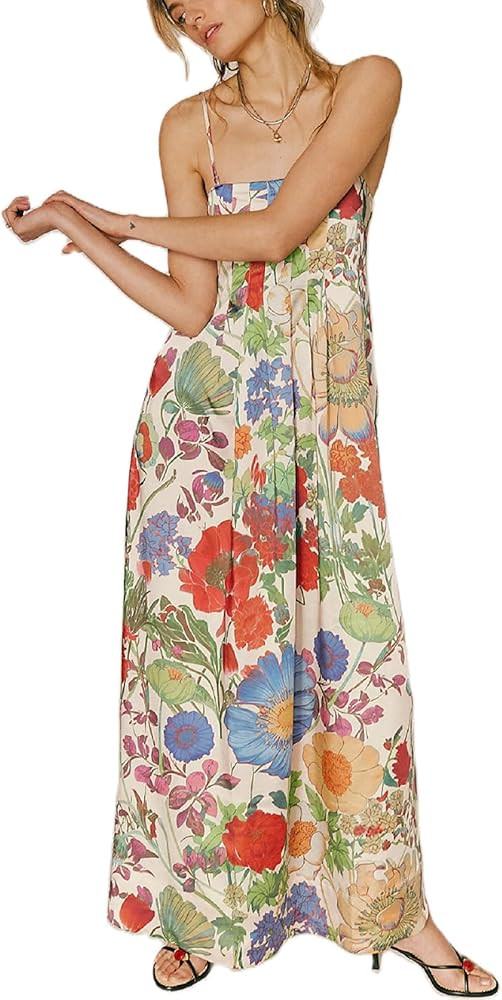 Women Floral Maxi Dress Sexy Sleeveless Backless A-Line Long Flowy Dress Back Cut Out Spaghetti S... | Amazon (US)
