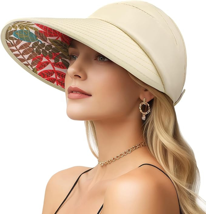 Sun Hats for Women, Wide Brim Beach Hats UV Protection, Packable Visor Ponytail Sunhat for Summer | Amazon (US)