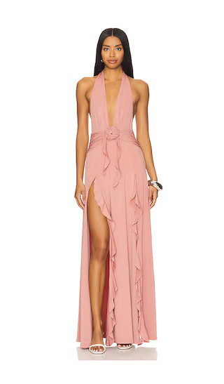 Halter Ruffle Maxi Dress in Desert Sand | Revolve Clothing (Global)