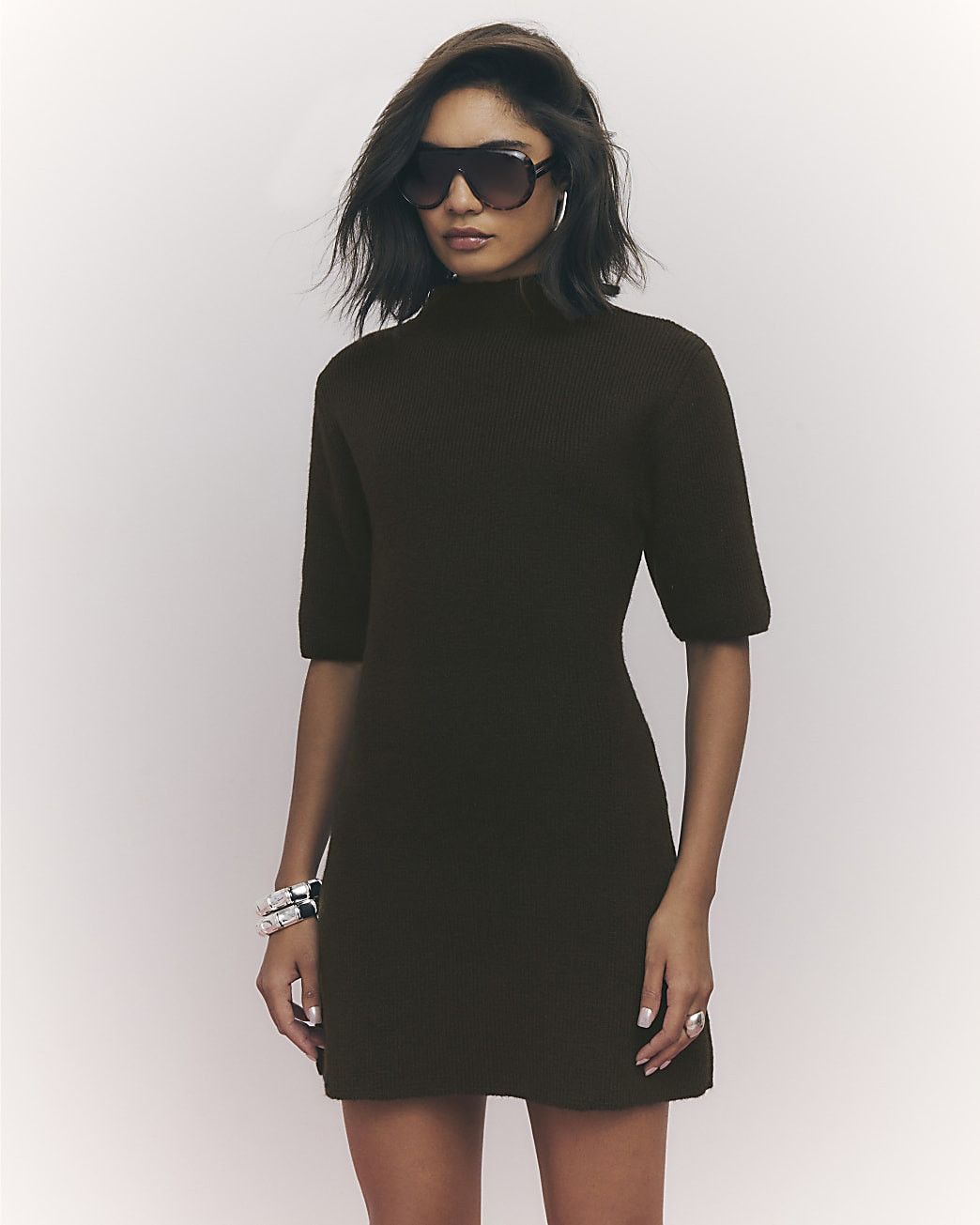 Brown High Neck Cosy Mini Dress | River Island UK & IE