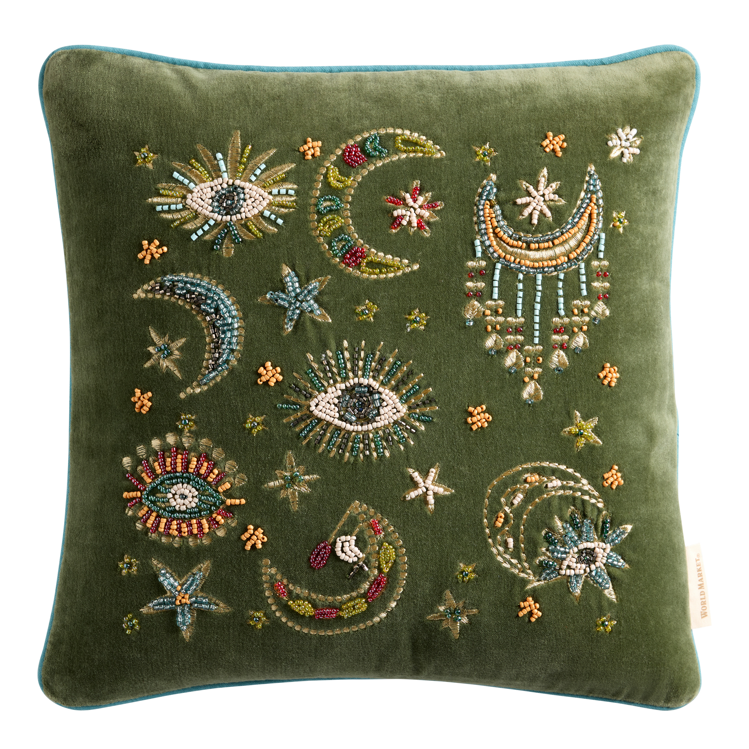 Green Velvet Celestial Beaded Embroidered Throw Pillow | World Market