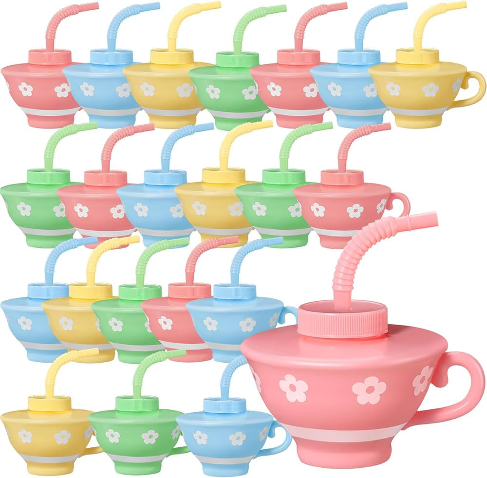 Zhehao 24 Pieces Plastic Tea Cups with Lids and Straws for Tea Party, 9 oz Reusable Creative Part... | Amazon (US)