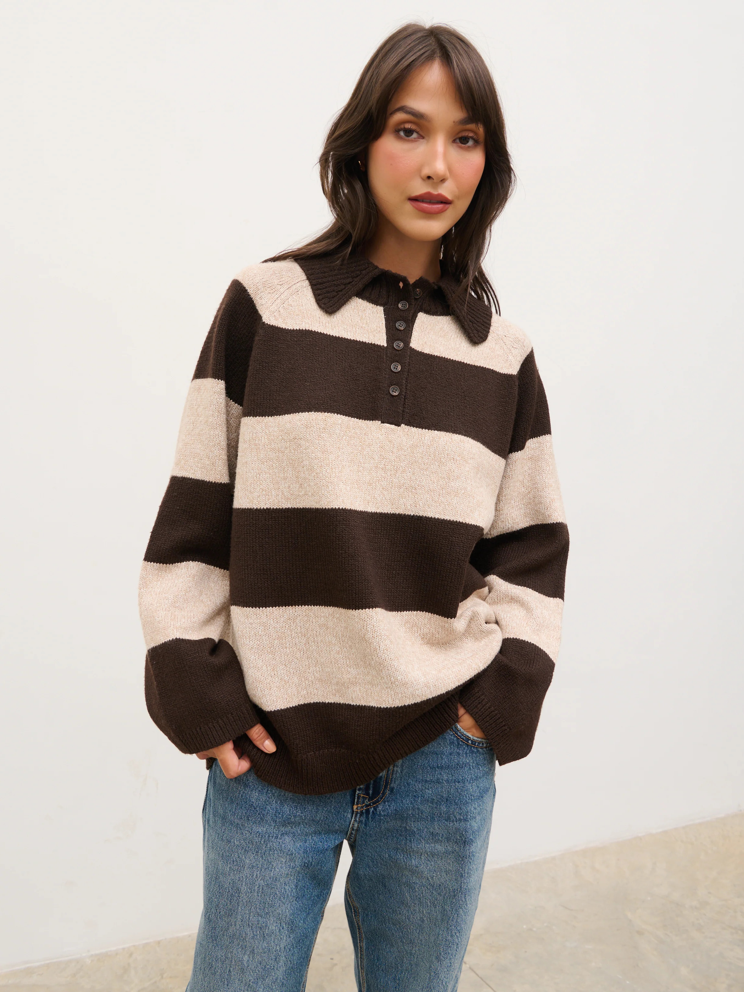 Rylee Knitted Stripe Rugby Jumper - Beige and Brown | Pretty Lavish (UK)