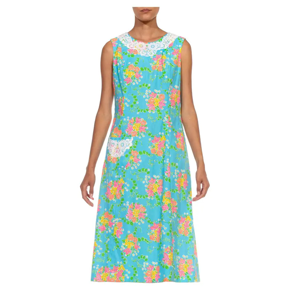 1960S LILLY PULITZER Blue Floral Organic Cotton Printed Dress | 1stDibs