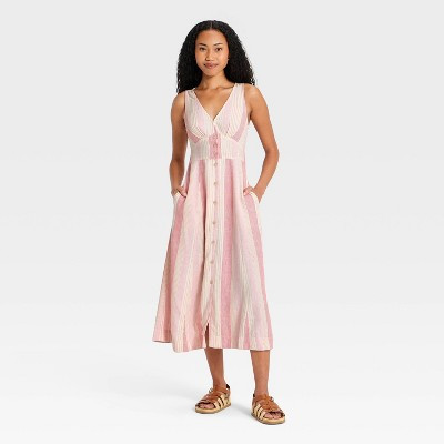 Women's Woven Button-Front Midi Sundress - Universal Thread™ Pink Striped XS | Target