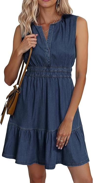 BerryGo Womens Denim Dress Sleeveless Summer Casual Jean Dress Tiered Cowgirl Country Mini Soft L... | Amazon (US)