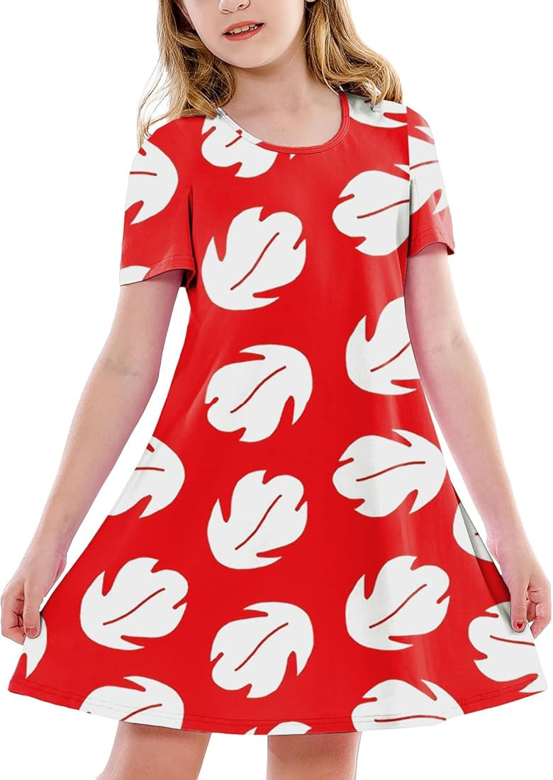 Girl Hawaiian Costume Dress Short Sleeve Lilo Princess Red Leaf Swing Dresses 5-14 Years | Amazon (US)
