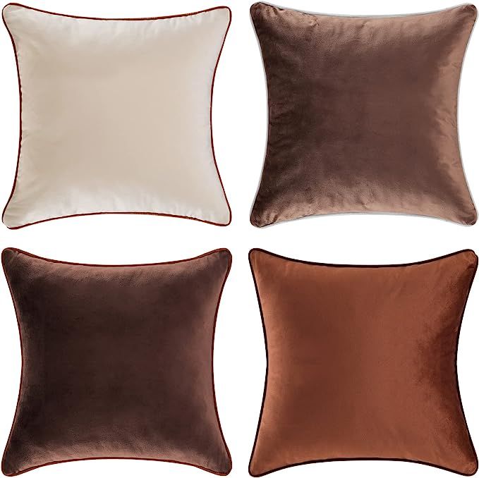 Throw Pillow Covers Brown Beige Velvet Pillow Covers 18x18 Set of 4 Decorative Pillow Covers Soft... | Amazon (US)