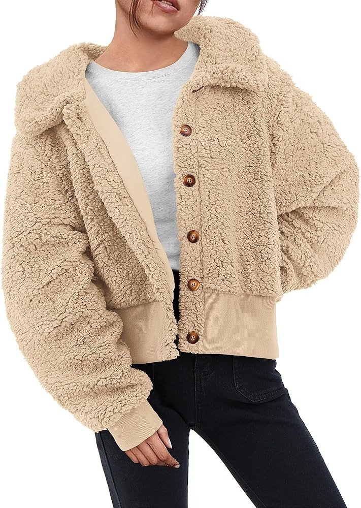 BTFBM Women's Button Down Sherpa Shacket Jacket Long Sleeve Faux Fur Warm Fall Winter Outwear Fuz... | Amazon (US)
