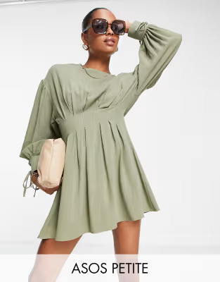 ASOS DESIGN Petite nipped in waist linen mini dress in khaki | ASOS (Global)