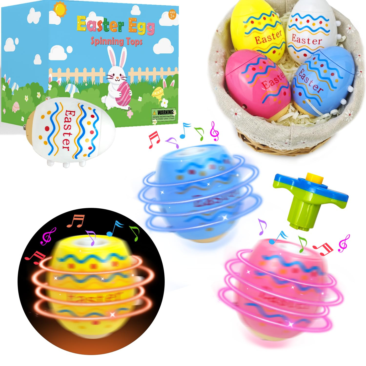 Easter Eggs Basket Stuffers Toys Gifts for Toddler Boys Girls,4 Pack Light up Spinning Tops with ... | Amazon (US)