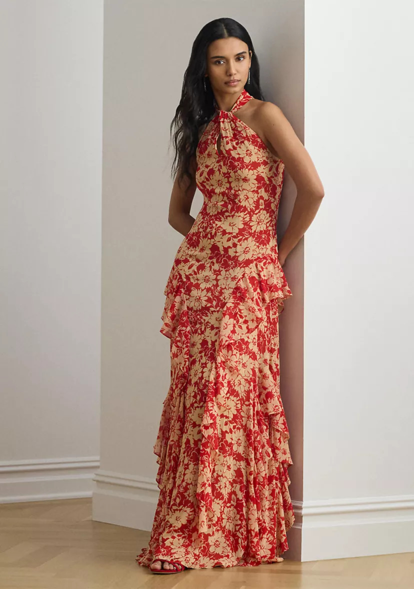 Floral Ruffle-Trim Georgette Halter Gown | Belk