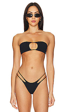 Indah Janice Solid Smocked Bandeau Bikini Top in Black from Revolve.com | Revolve Clothing (Global)