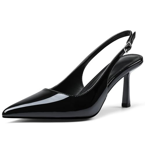 Black Pumps for Women with Buckle Pointed Toe Sling Back Kitten Heels Comfortable High Heeled Sandals Womens Fashion Dress Shoes Size 7.5 | Amazon (US)