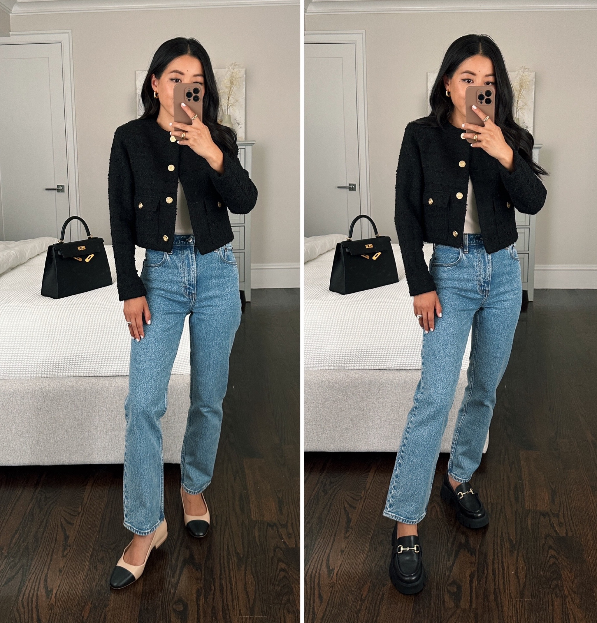 • Ultra high rise 90s straight jeans in 24 Extra Short. I’m 5 feet tall and The fit is perfect on me, and the length works with flats too. the fabric is a non-stretch medium to thicker weight denim. 

For a more cropped jean, I also linked and love the Ultra High Rise Ankle jeans in size 24 Short. The ankle jeans are a lighter weight denim than the 90s jean. 

•Boucle jacket xxs - cute modern cropped boxier cut with shoulder pads . I have the sleeves folded under about an inch.

•Steve Madden cap toe flats 5.5
• bcbgeneration platform chunky loafers 5

#petite smart casual chic corporate office outfit #LTKxNSale 

#LTKunder100 

#LTKworkwear