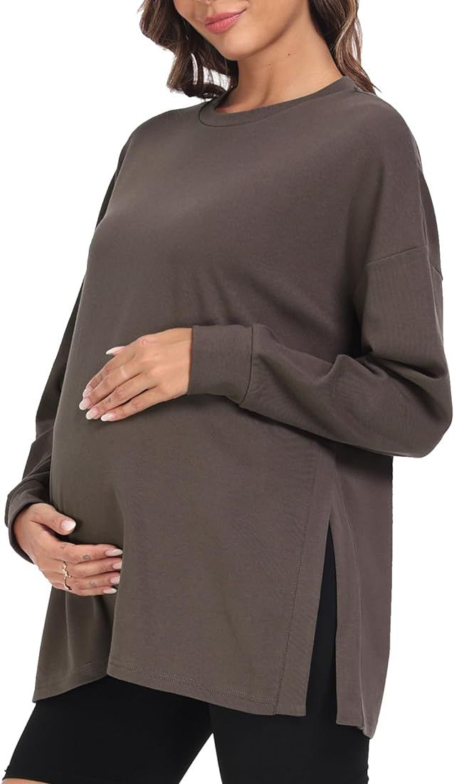 Women's Casual Maternity Shirts Long Sleeve Soft and Comfy Pregnancy Tee Tops Side Split Maternity C | Amazon (US)