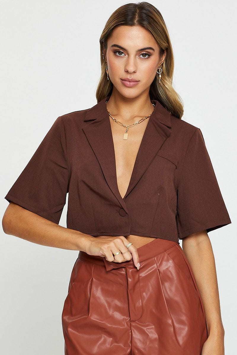 Women’s Brown Crop Shirts Short Sleeve Collared | Ally Fashion | Ally Fashion (US, Australia & New Zealand)