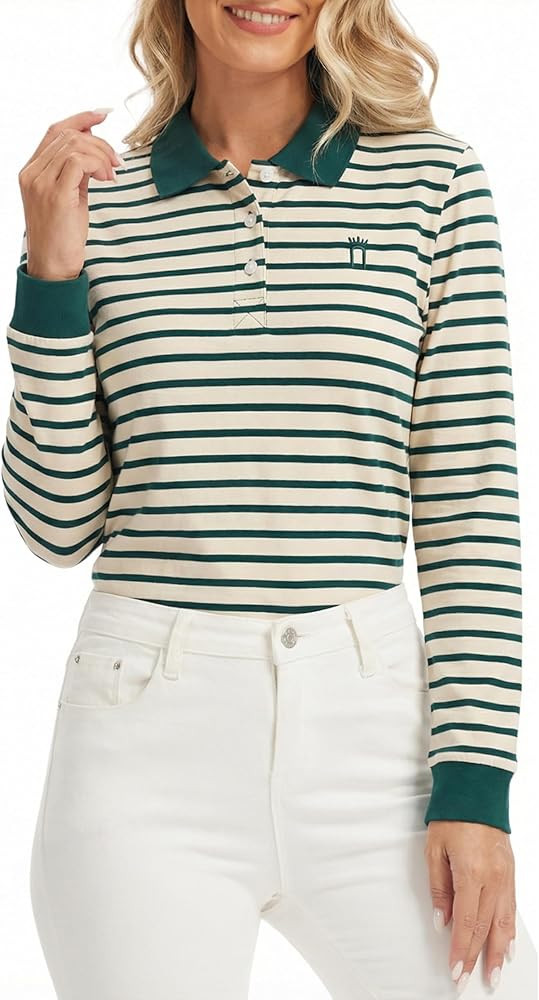 Women Striped Collared Long Sleeve Polo Shirts Button Down Clothes Tennis Golf Cotton Blend Tops ... | Amazon (US)