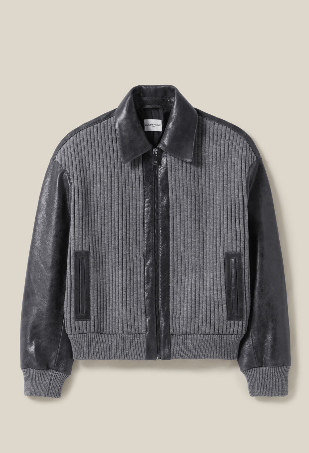 Grey mixed-material leather bomber | Claudie UK | Claudie Pierlot (FR, DE, ES, UK)
