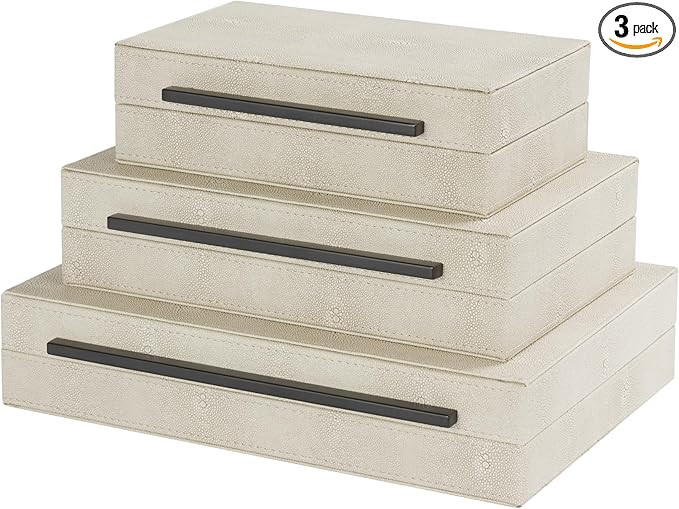 Kingflux Ivory Shagreen Leather Set of 3 Decorative Box with Black Metal Handles,Storage Boxes Wi... | Amazon (US)