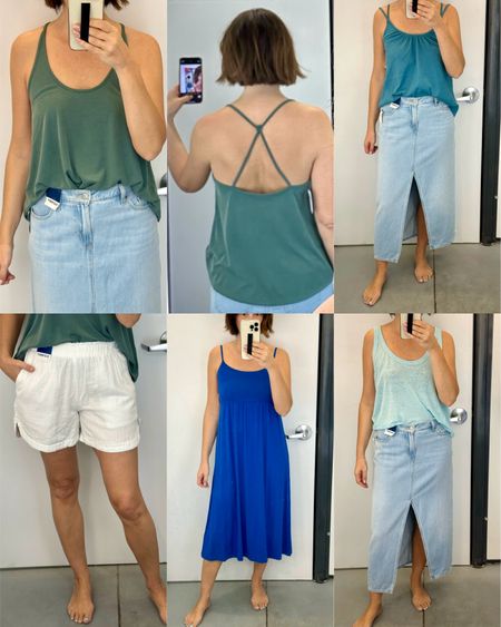 Quick Old Navy try on! I’m 5’ 7 size 4ish
- strappy top 1: love how it drapes and the cute straps at the back, I’m wearing my usual size S but probably could have sized down, it’s roomy
- strappy top 2: great summer basic, lots of colors, wearing my usual size S
- denim skirt: very soft denim (cotton, tencel blend), so comfortable and on trend, fits big, I sized down to size 2
- white shorts: love the gauzy fabric, super comfortable, a bit sheer in white but lots of fun colors available. Fit tts, I’m wearing Small
- blue dress: love the color and it drapes really nicely, a little on the snug side, consider sizing up. Tons of colors. No pockets 😕
- linen blend tank top: a bit sheer and not super soft but a good summer basic, lots of colors, fits tts, wearing S


#LTKStyleTip #LTKFindsUnder50 #LTKSaleAlert